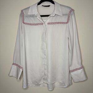 ZARA Chanel Barbiecore Tweed Piping Gold Buttons Sheer Office Buttondown Shirt